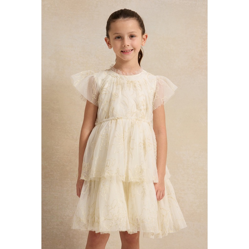 Girls Gold Embroidered Layered Dress