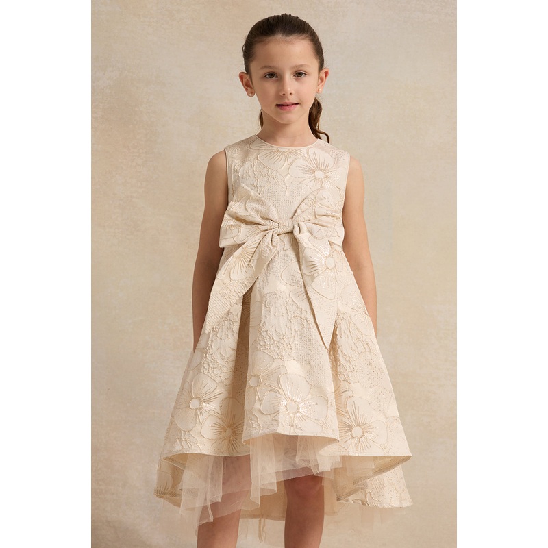 Girls Gold Floral Dress With Bow