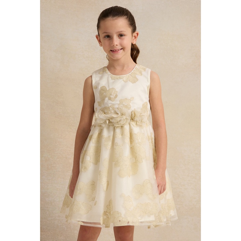 Girls Gold Floral Mesh Dress With Corsage
