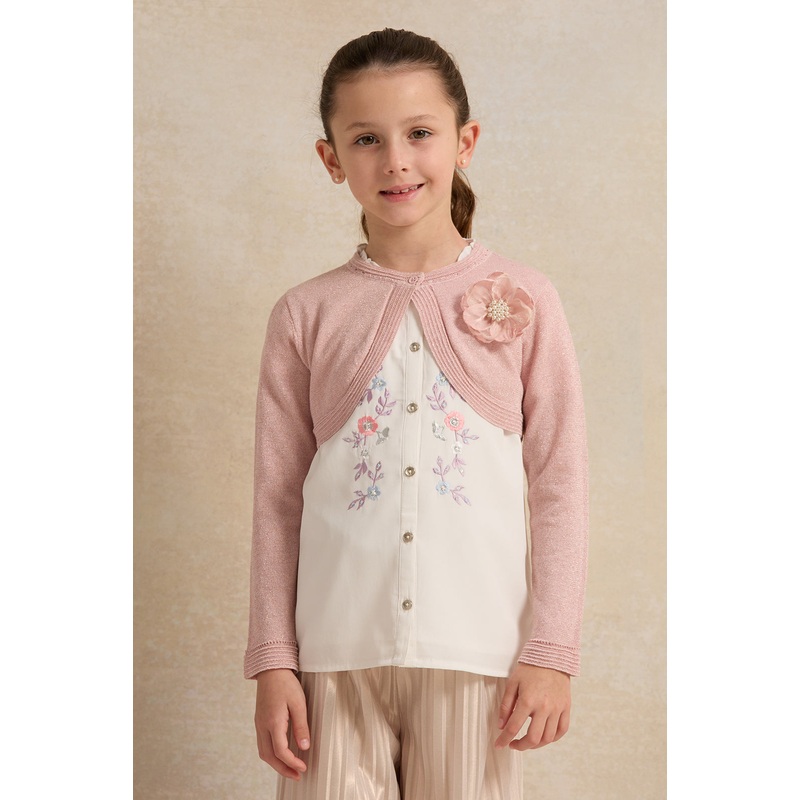 Girls Pink Lurex Bolero With Corsage