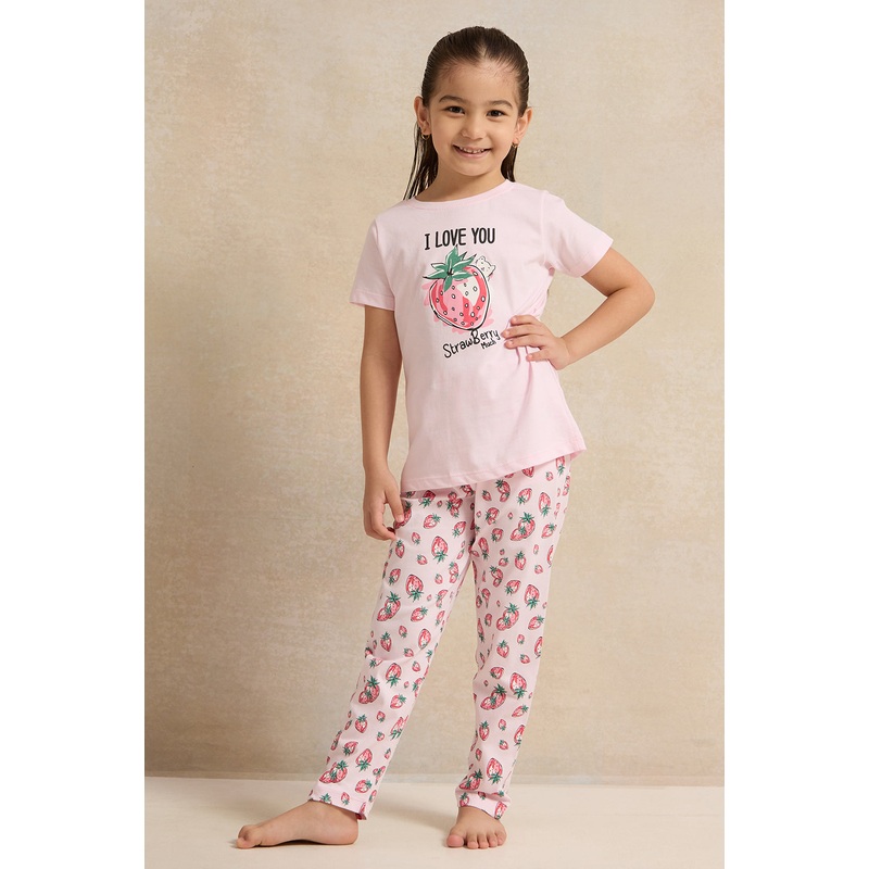 Girls Pink Placement Print Pyjama Set (2 Piece)