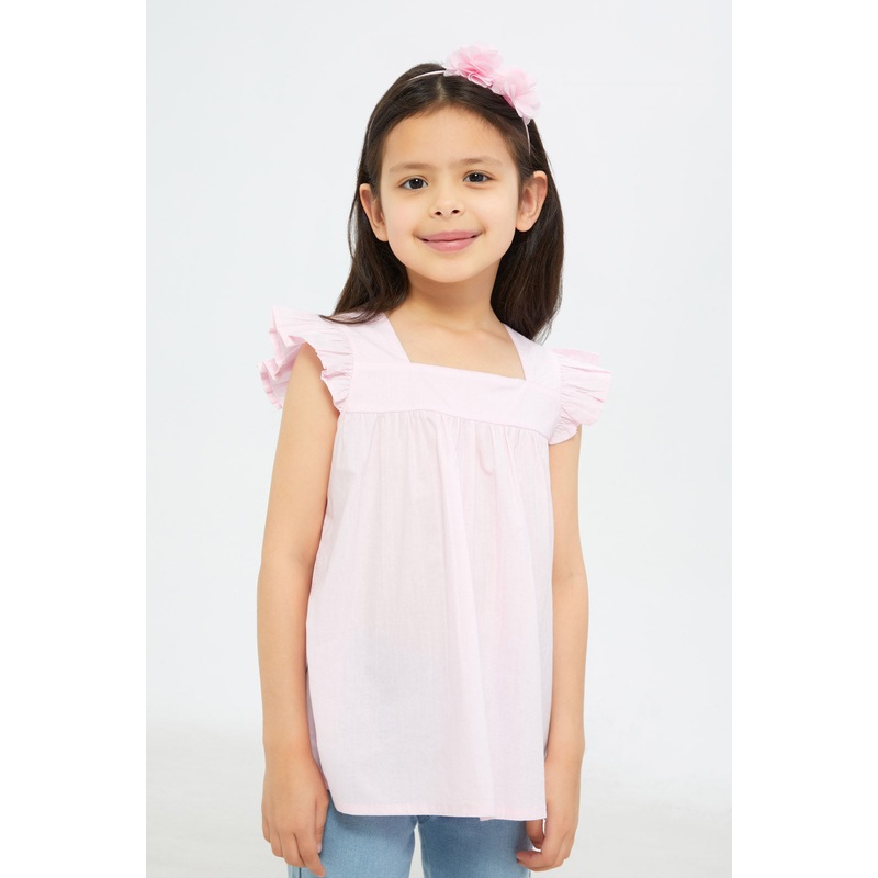 Girls Pink Ruffle Poplin Co-Ord Blouse