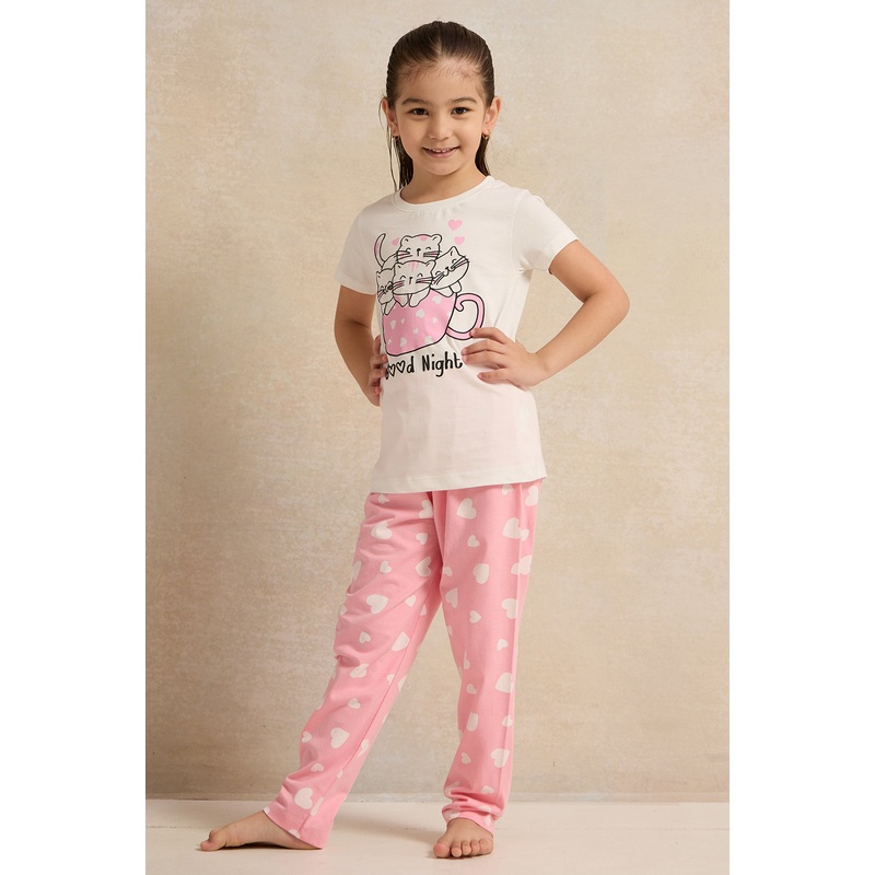 Girls White And Pink Print Pyjama Set (2 Piece)