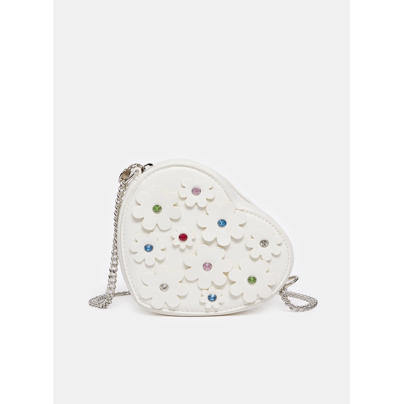 Girls White Heart Embellished Cross Body Bag