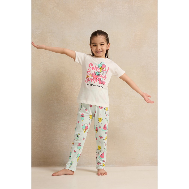 Girls White Print Pyjama Set (2 Piece)