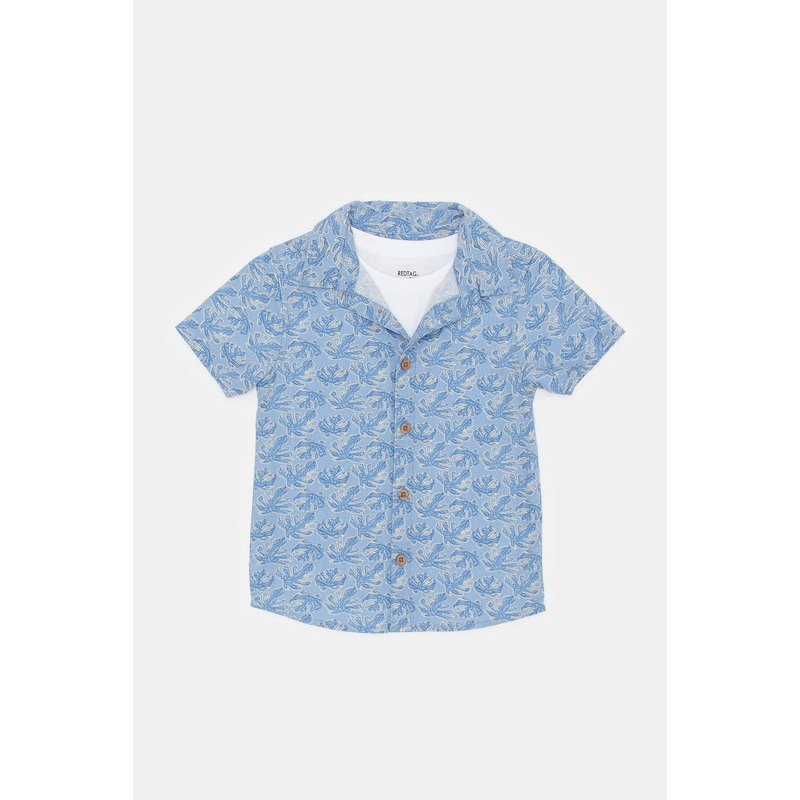 Infant Boys Blue And White Printed Shirt Set (2 Piece)