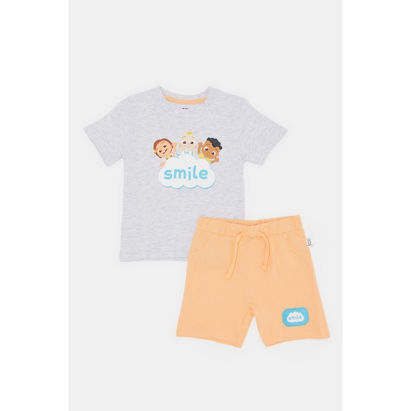 Infant Boys Grey And Coral Coco Smile Print Pyjama Set (2 Piece)