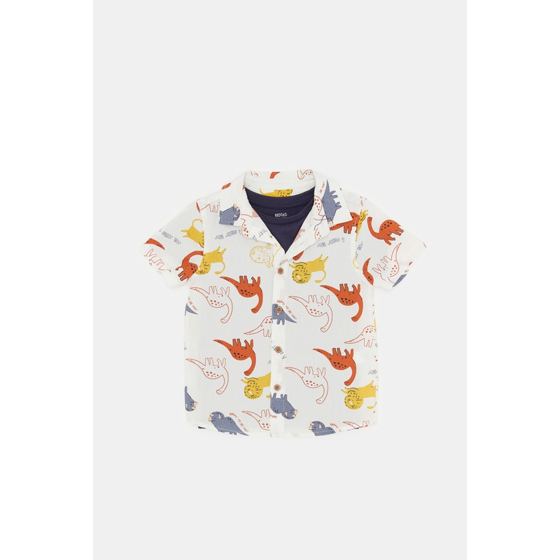 Infant Boys White And Navy Dino Print Shirt Set (2 Piece)