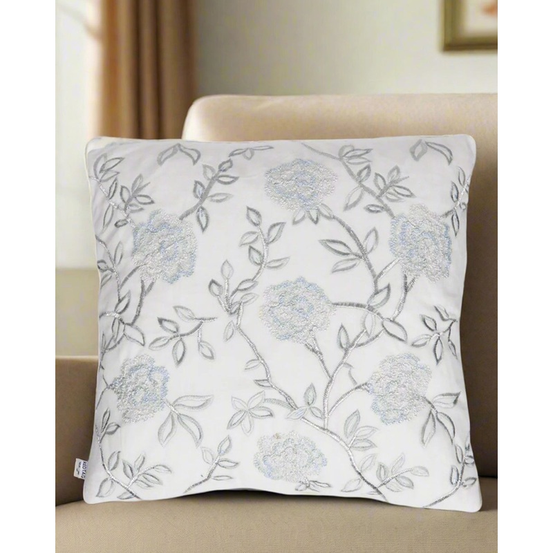 Ivory And Blue Floral Embroidered Cushion