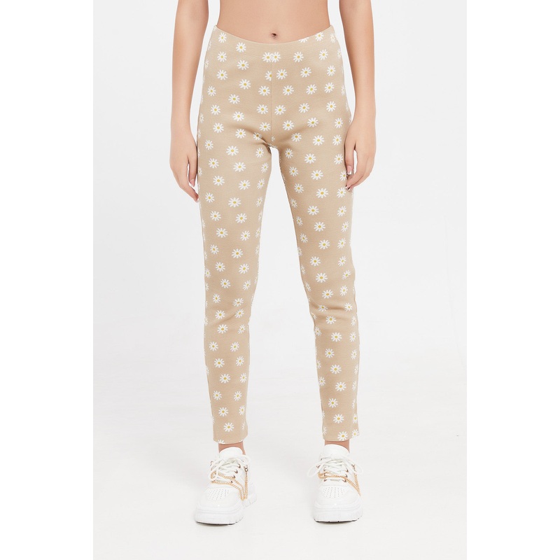 Senior Girls Beige And White Floral Rib Leggings