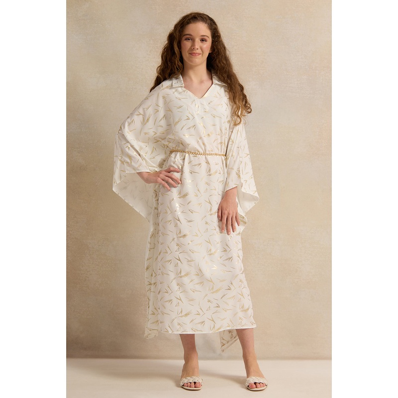 Senior Girls White And Gold Kaftan With Belt