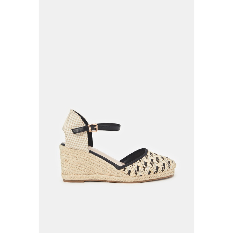 Women Beige And Black Espadrille Wedge