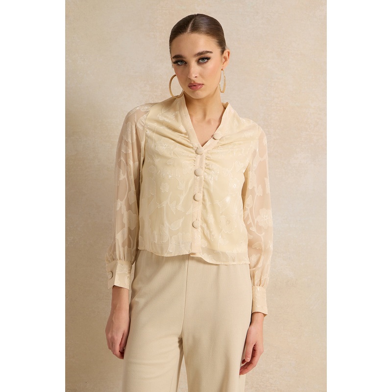 Women Beige Front Rushing Blouse