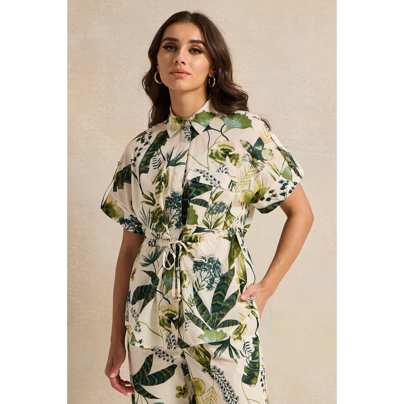 Women Beige Printed Belted Waist Shirt