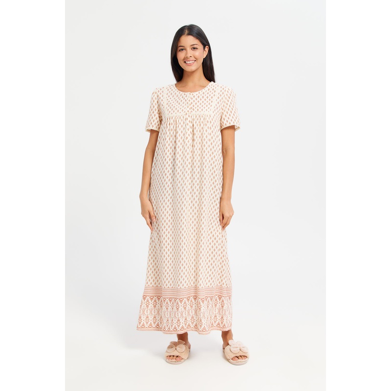 Women Beige Short Sleeve Printed Nightgown
