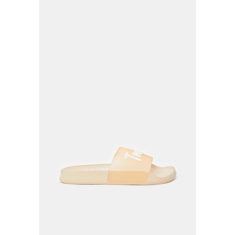 Women Beige Travel More Slogan Slides
