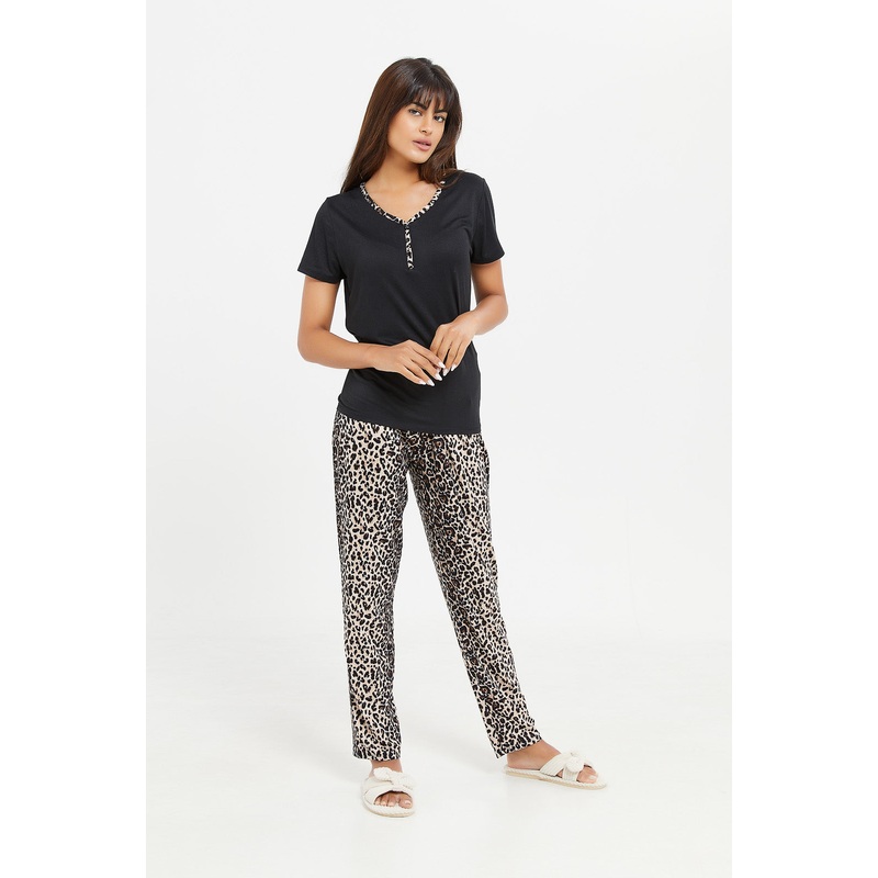 Women Black Printed Pajama Set (2 Piece)
