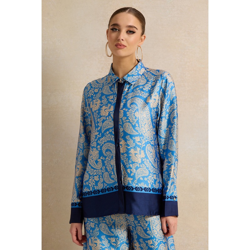 Women Blue Collared Printed Blouse