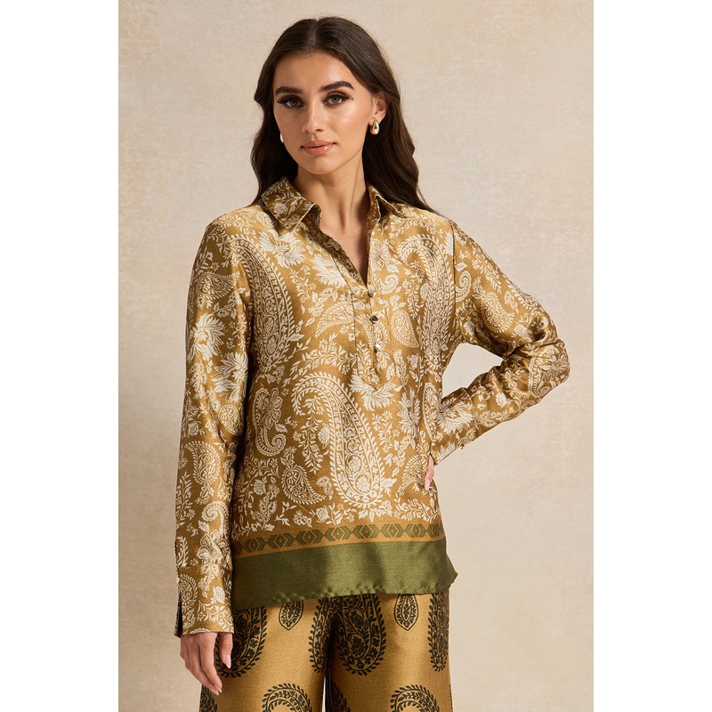 Women Olive Printed Collared Blouse