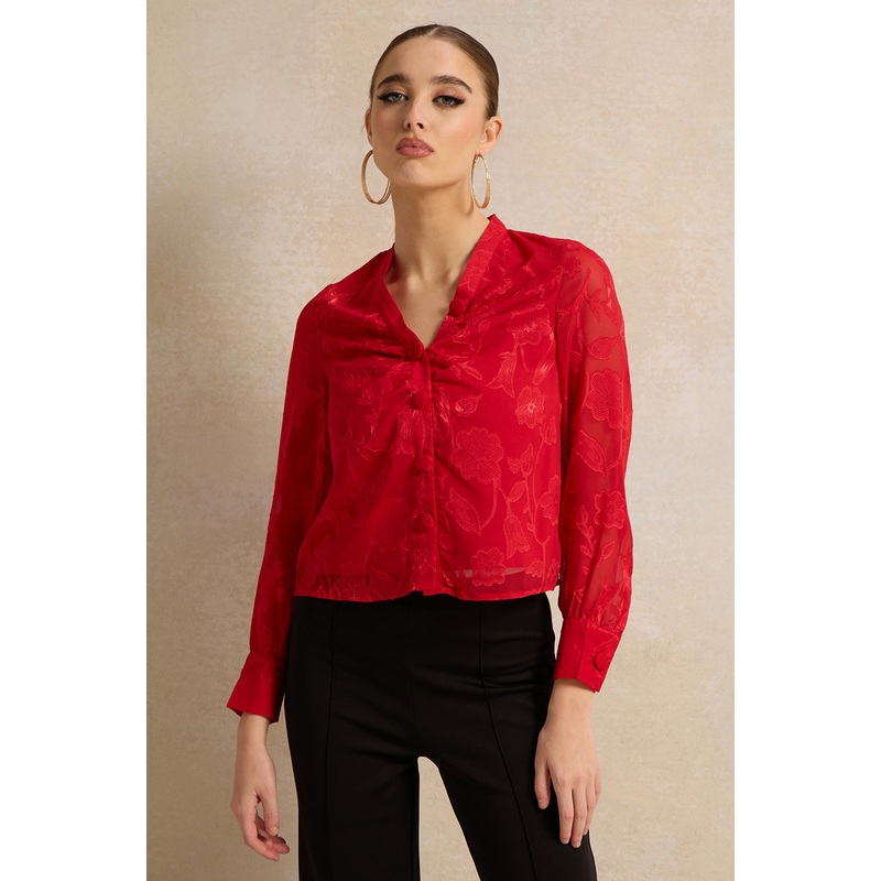 Women Red Front Rushing Blouse
