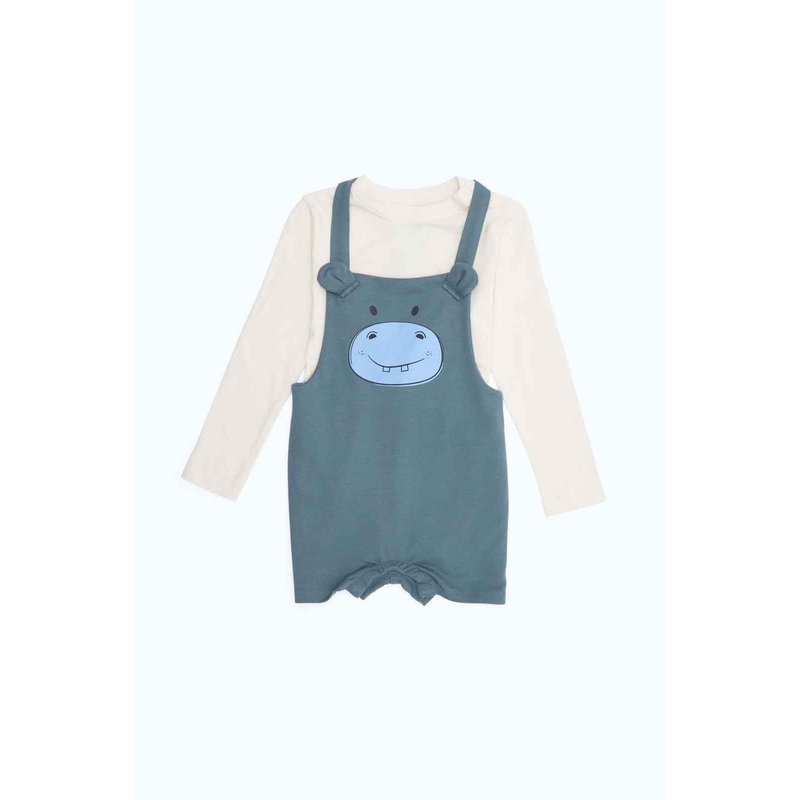 Boys-Khaki Hippo Dungaree With Cream Tee