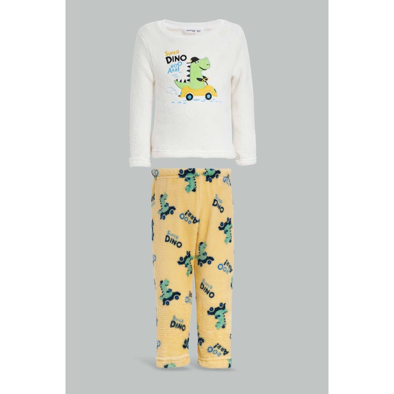 Ecru And Mustard Dinosaur Fleece Pyjama Set For Baby Boys (2 Piece)