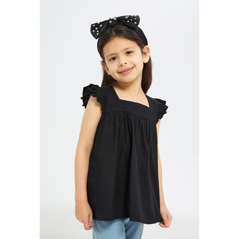 Girls Black Poplin Ruffle Co-Ord Blouse