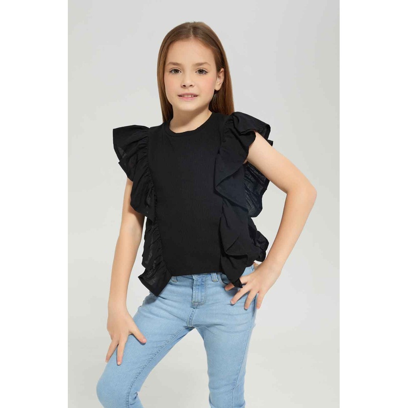 Girls Black Ribbed Ruffled Top