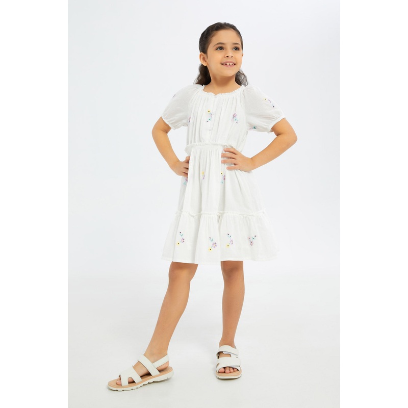 Girls Cream Embroidered Woven Dress