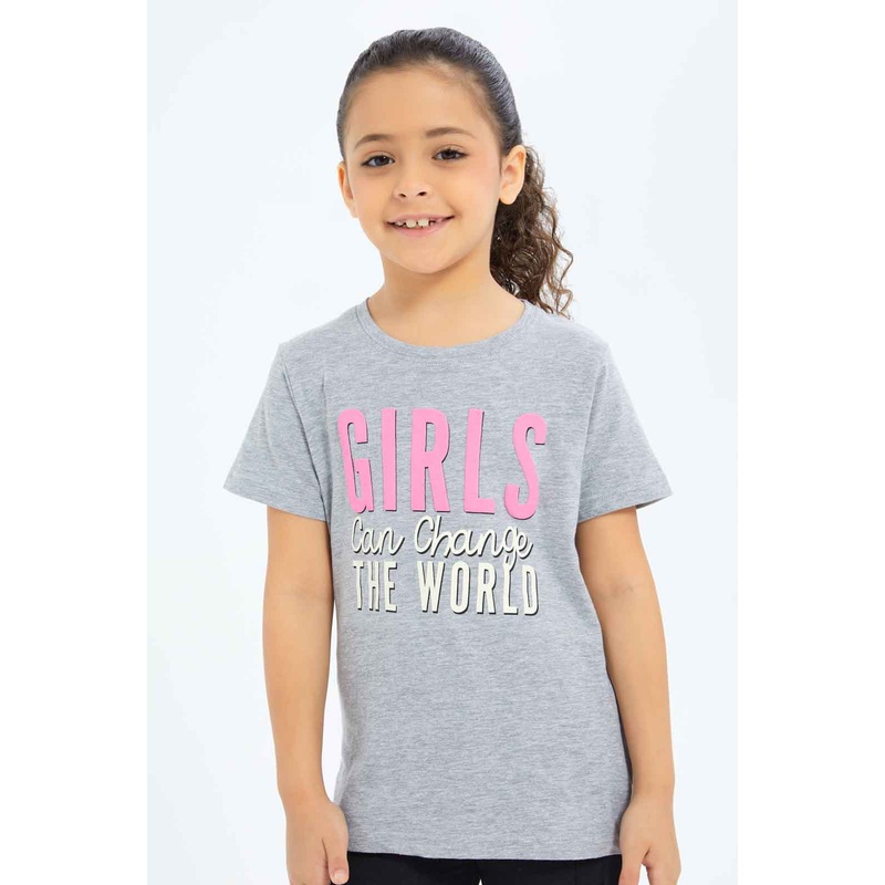 Girls Grey Girls Puff Printed T-Shirt