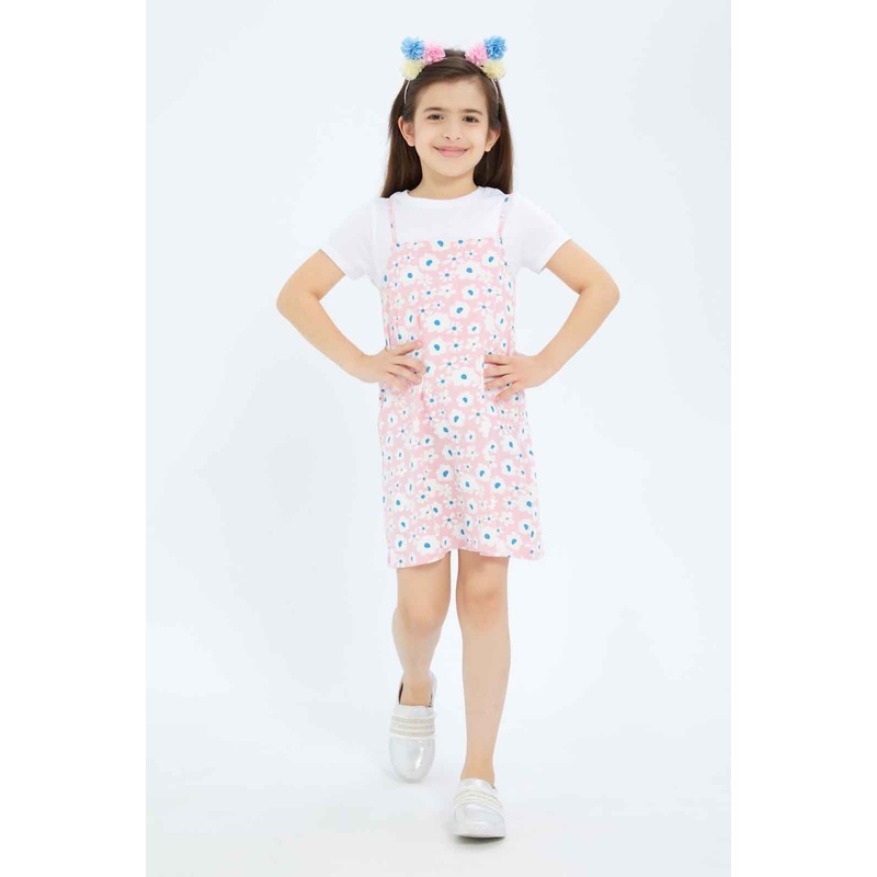 Girls Pink And White Dress Set With T-Shirt (2 Piece)