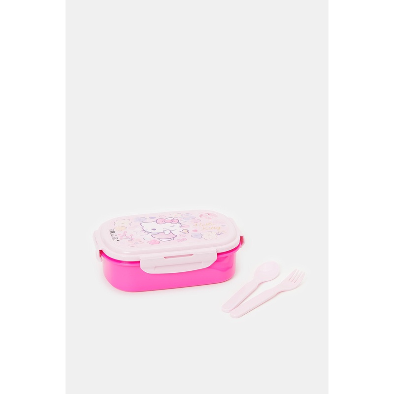Girls Pink Hello Kitty Print Plastic Lunch Box Set (3 Piece)