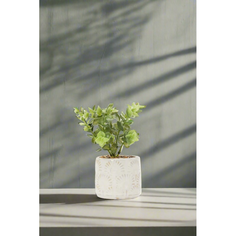Green Artificial Cluster Leaf In Ceramic Embossed Pot