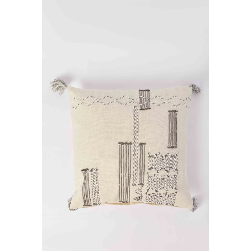 Grey And White Embroidered Cushion With Tassel