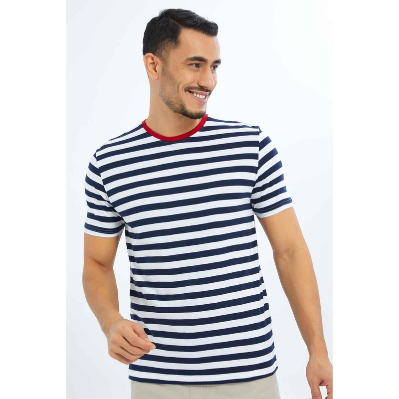 Men White And Navy Striped T-Shirt