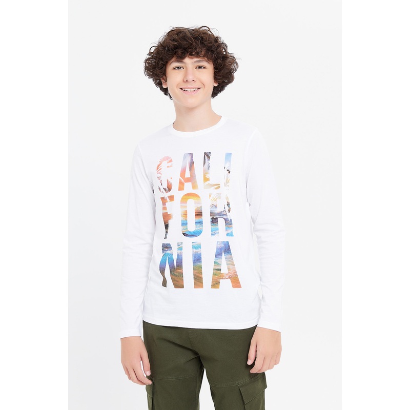 Senior Boys White California Long Sleeve Printed T-Shirt
