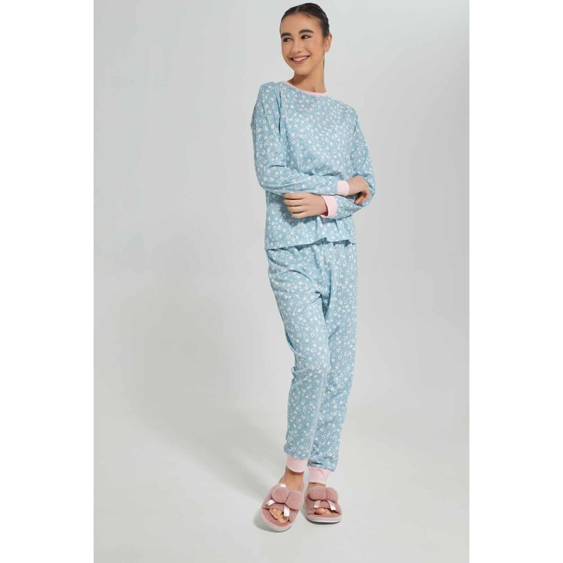 Senior Girls Blue Ditsy Print Pajama Set (2 Piece)