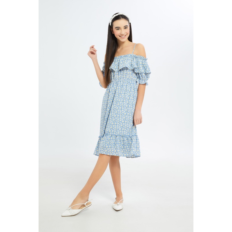 Senior Girls Blue Floral Print Off-Shoulder Dress