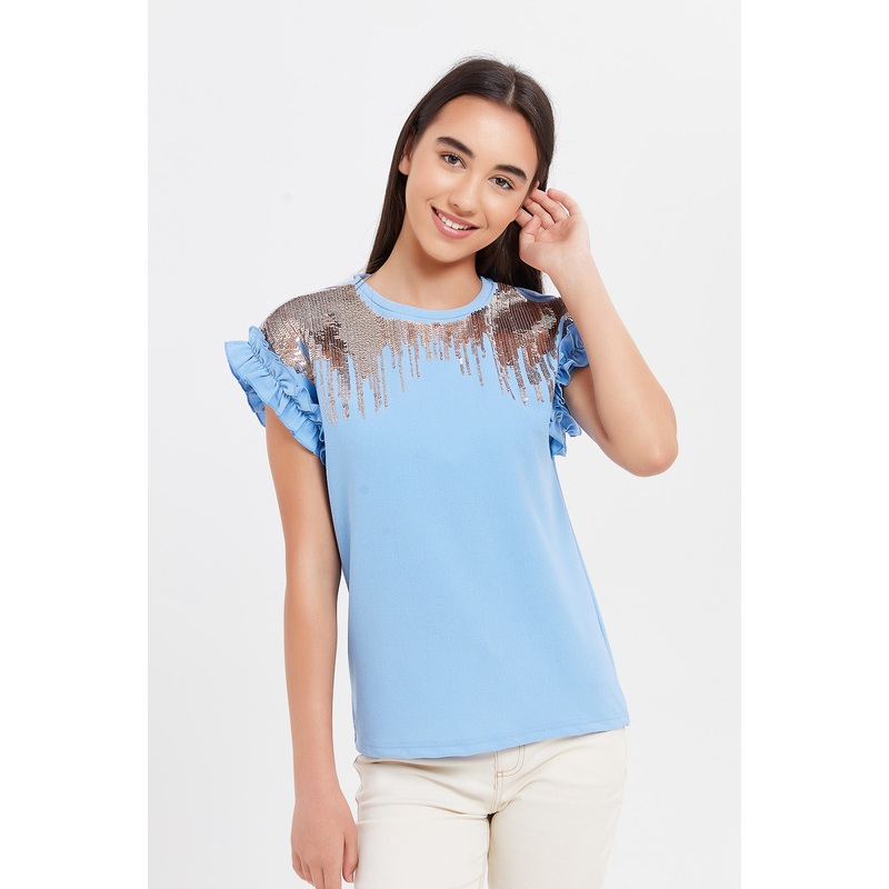 Senior Girls Blue Sequin Embellished Ruffled Top