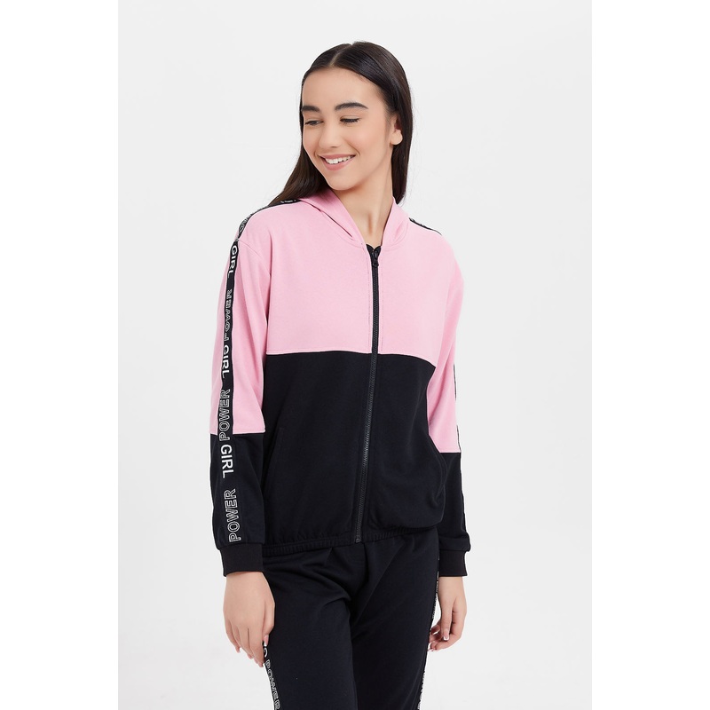 Senior Girls Pink And Black Colour Block Sweatshirt