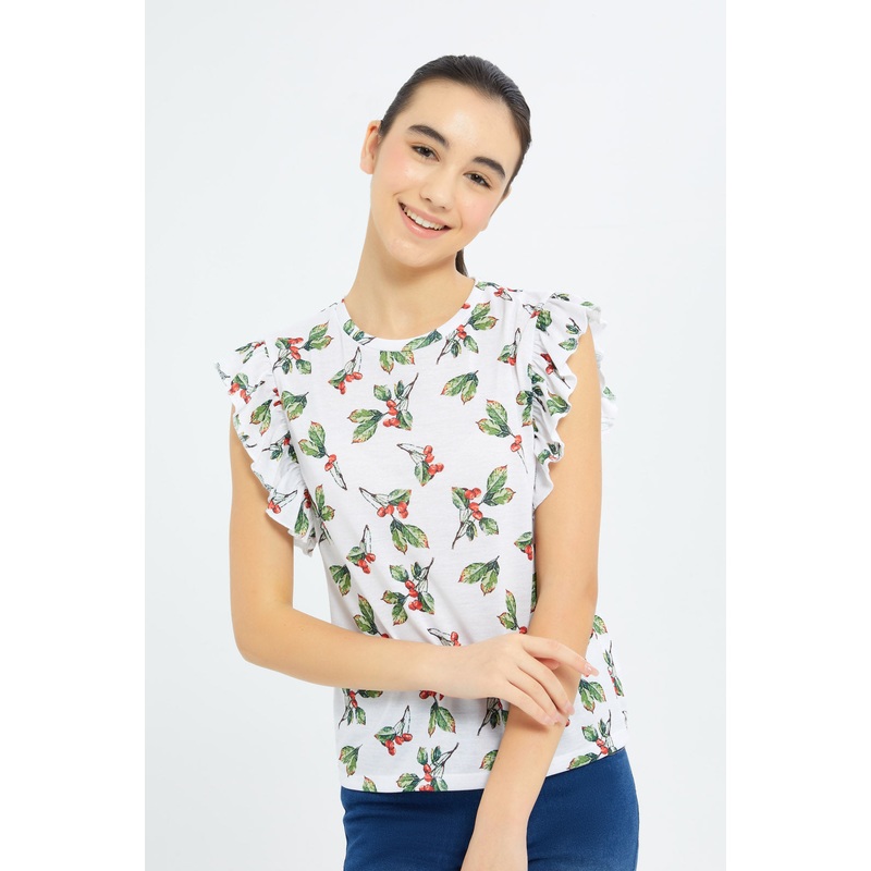 Senior Girls White Floral Ruffled Sleeve Top
