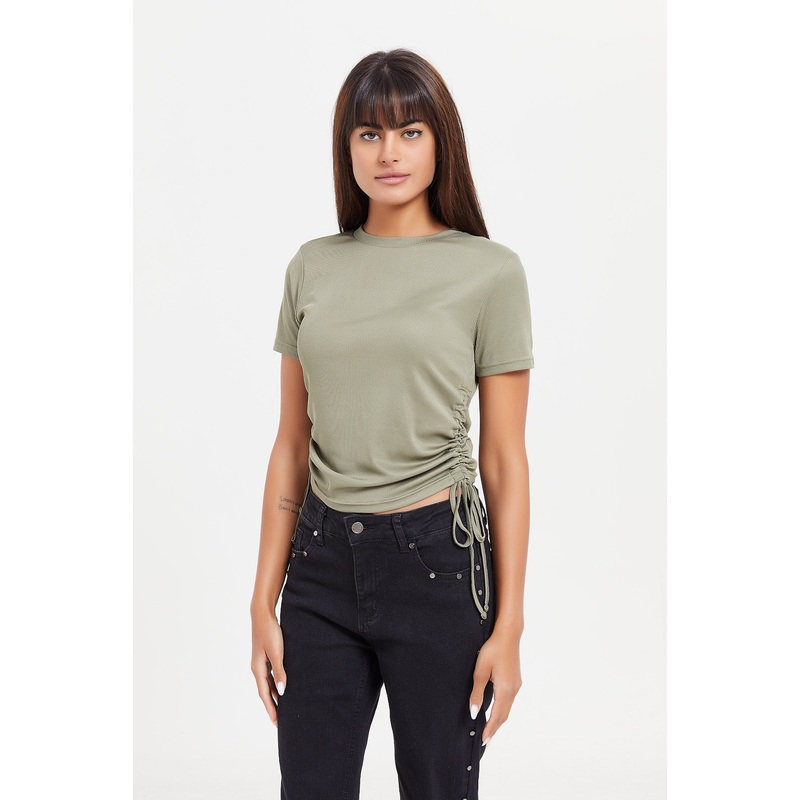 Women Green Side Ruched T-Shirt