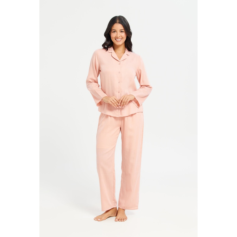 Women Pink Plain Long Sleeve Classic Pyjama Set (2 Piece)