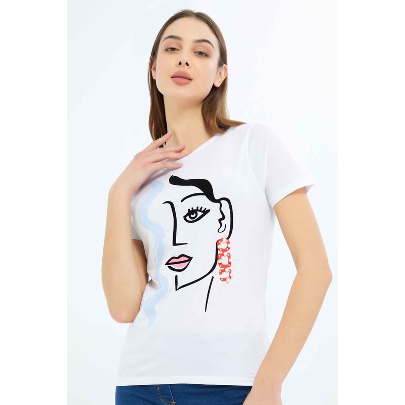 Women White Line Art Embellished T-Shirt