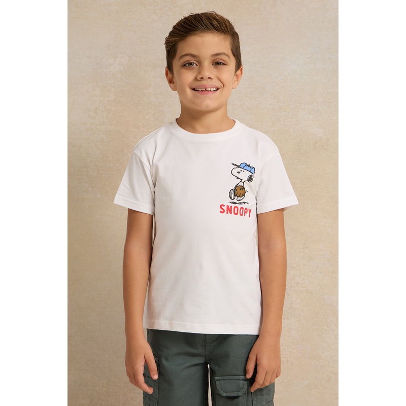Boys White Snoopy Character Printed T-shirt
