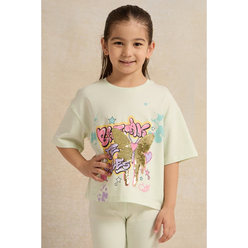 Girls Green Butterfly Embellished T-Shirt