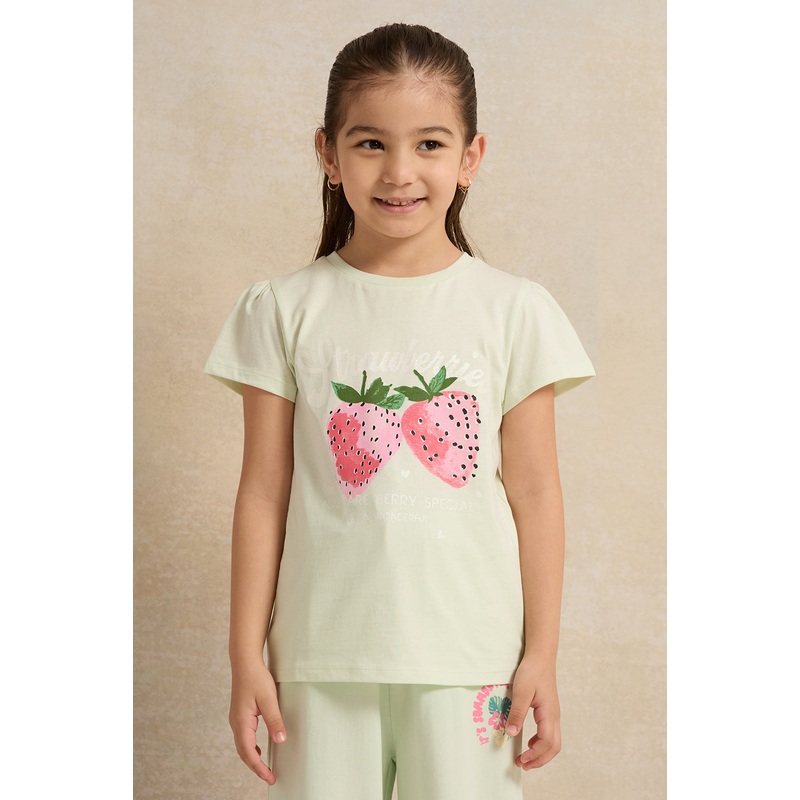 Girls Green Cherry Printed T-Shirt