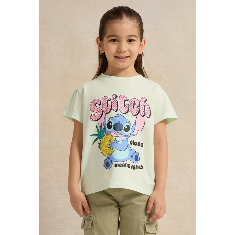 Girls Green Stitch Printed T-Shirt