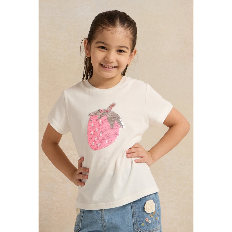 Girls White Strawberry Embellished T-Shirt