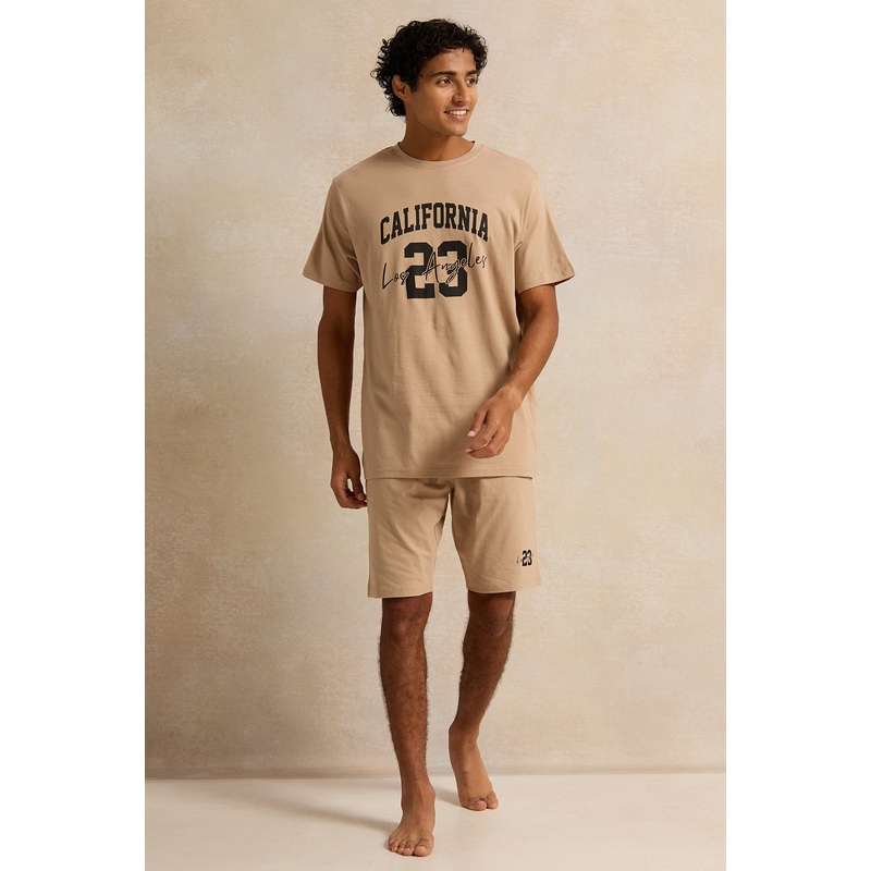 Men Beige Printed Pyjama Set (2 Piece)